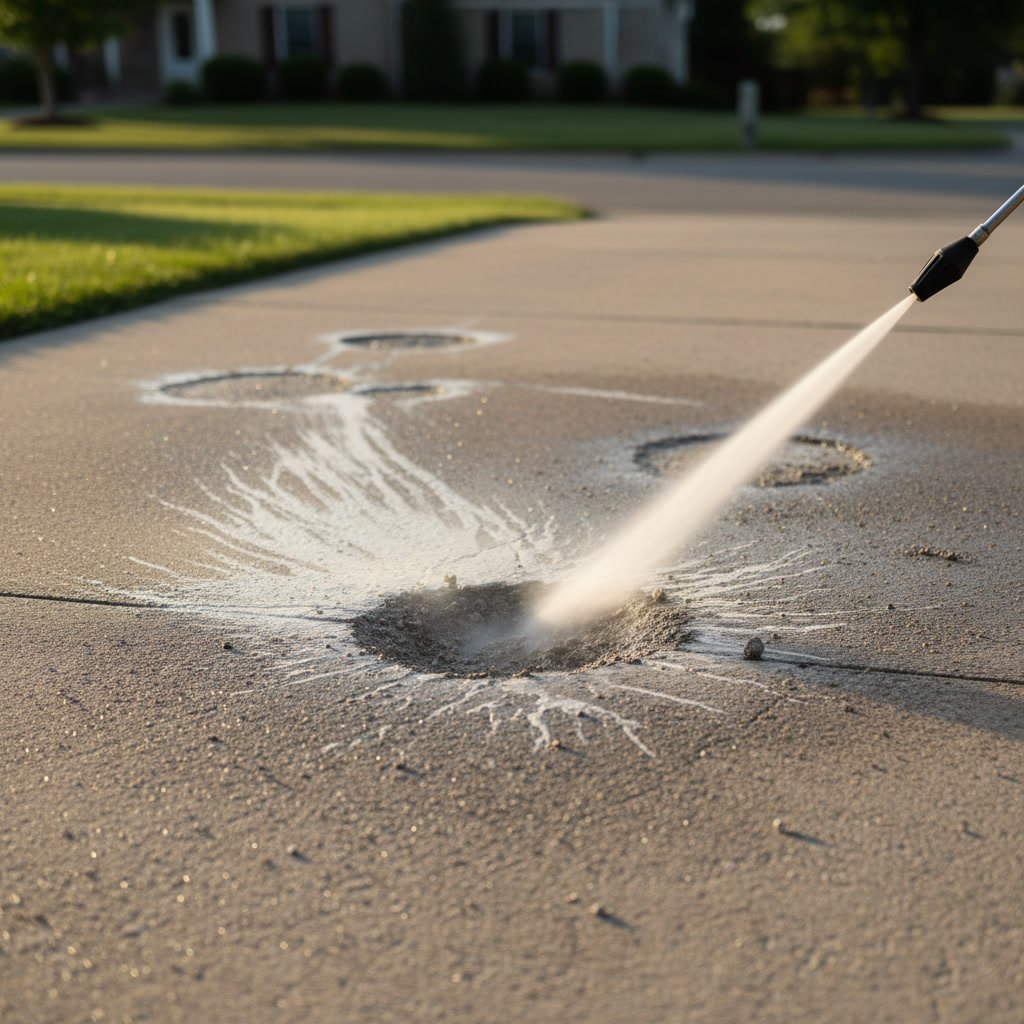 Low-pressure softwash application on concrete driveway surface