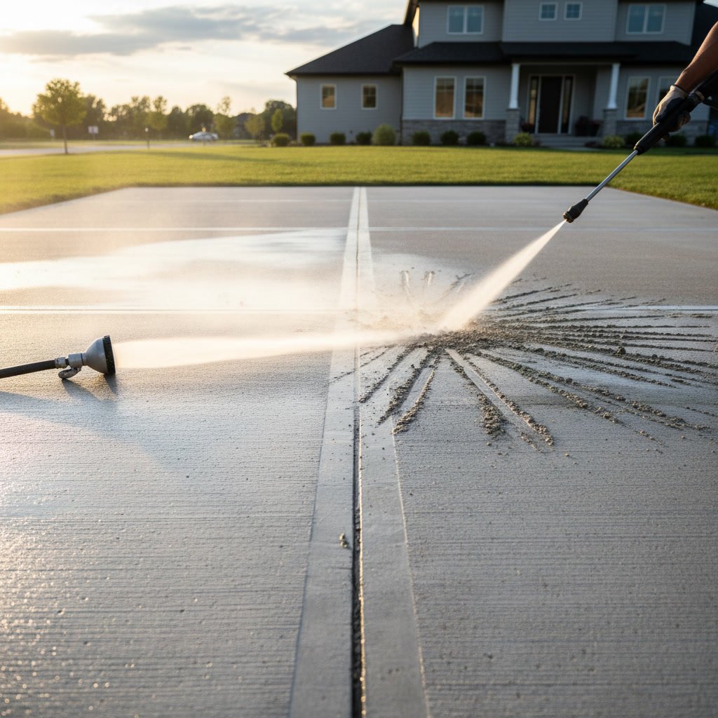 Concrete driveway surface showing proper cleaning technique application