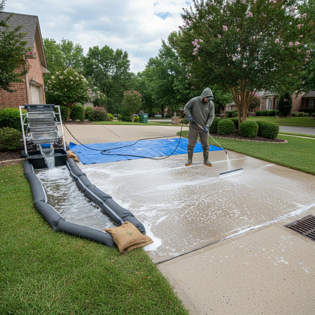 Professional softwash equipment safely cleaning residential concrete