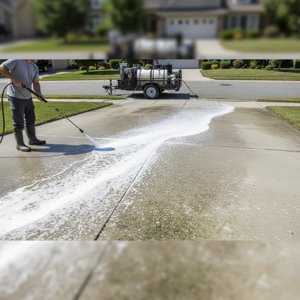 Clean concrete driveway after professional softwash treatment in Central Florida